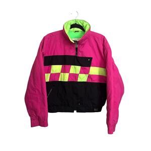 Vintage White Stag Ski Jacket Womens M Hot Pink Black Neon Green Ski Graphics